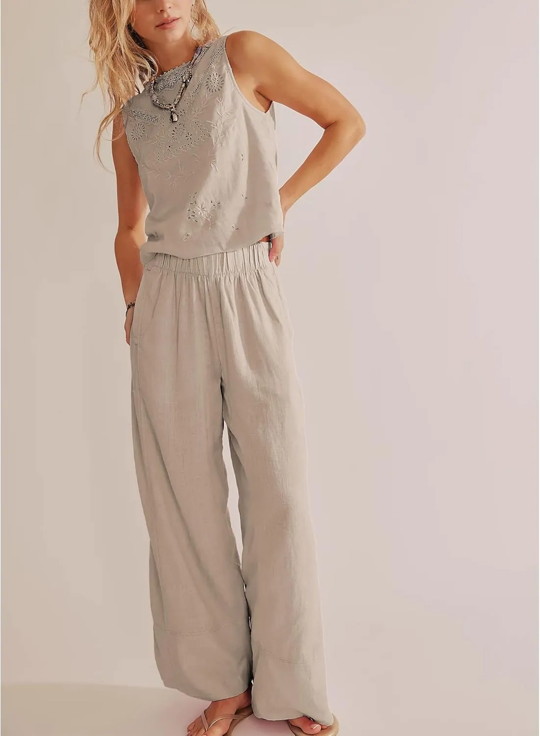 Linen Pants for Women Cotton Baggy Boho Casual Palazzo Pants Wide Leg Long Lounge Trousers with Pockets
