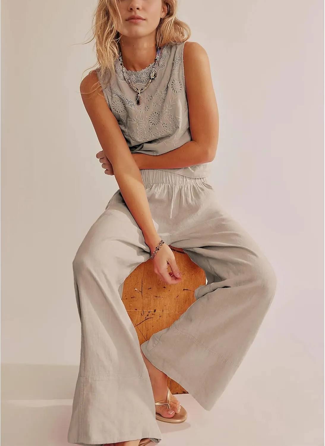 Linen Pants for Women Cotton Baggy Boho Casual Palazzo Pants Wide Leg Long Lounge Trousers with Pockets