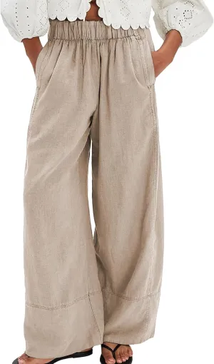 Linen Pants for Women Cotton Baggy Boho Casual Palazzo Pants Wide Leg Long Lounge Trousers with Pockets
