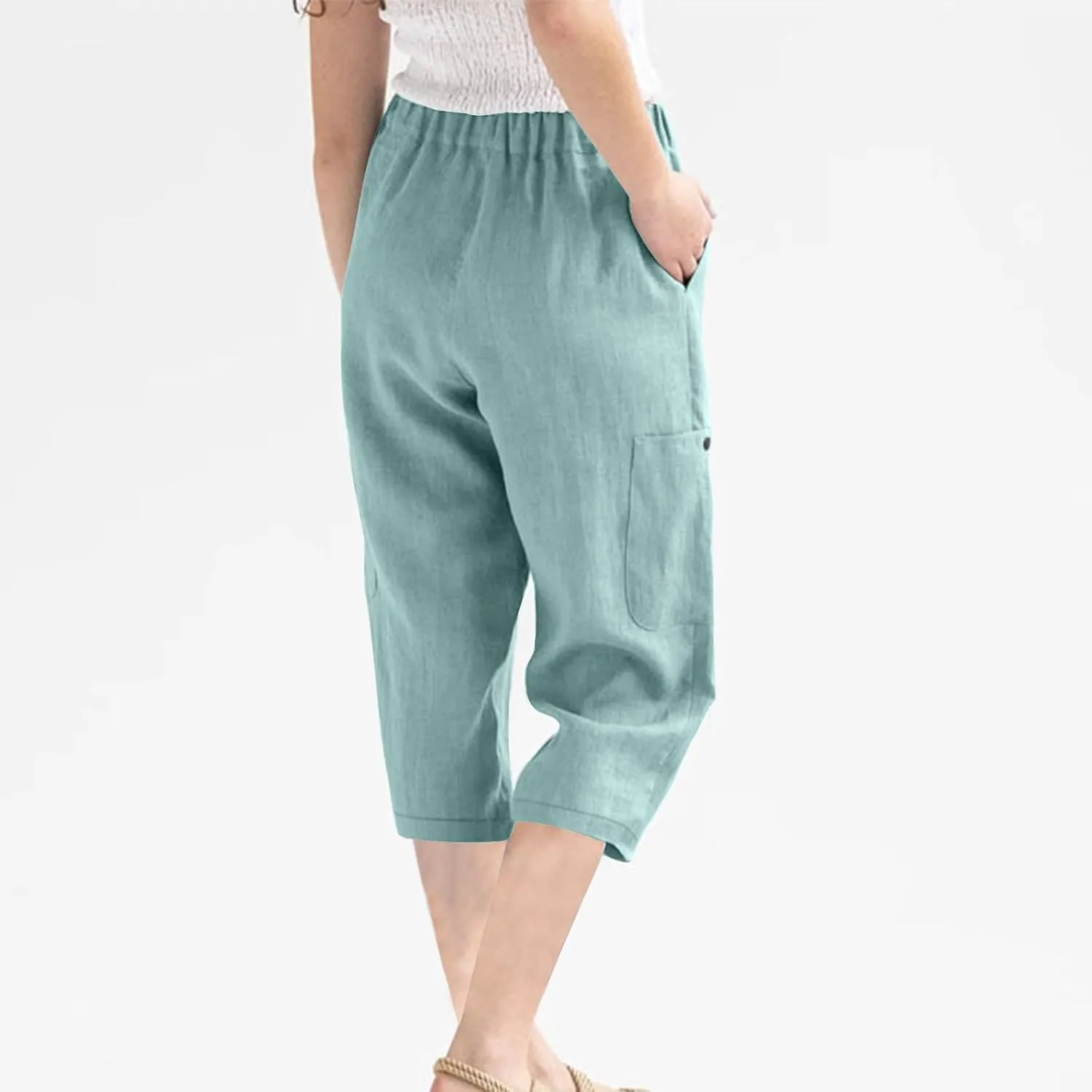 Linen Pants Women Casual 2025 Summer Elastic Waist Pull on Capri Pants Pull on Straight Leg Cropped Pants with Pockets