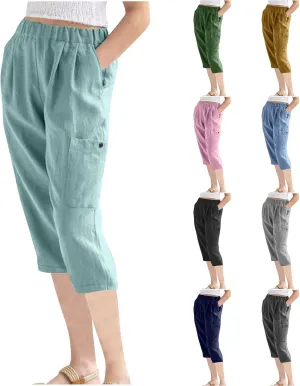 Linen Pants Women Casual 2025 Summer Elastic Waist Pull on Capri Pants Pull on Straight Leg Cropped Pants with Pockets