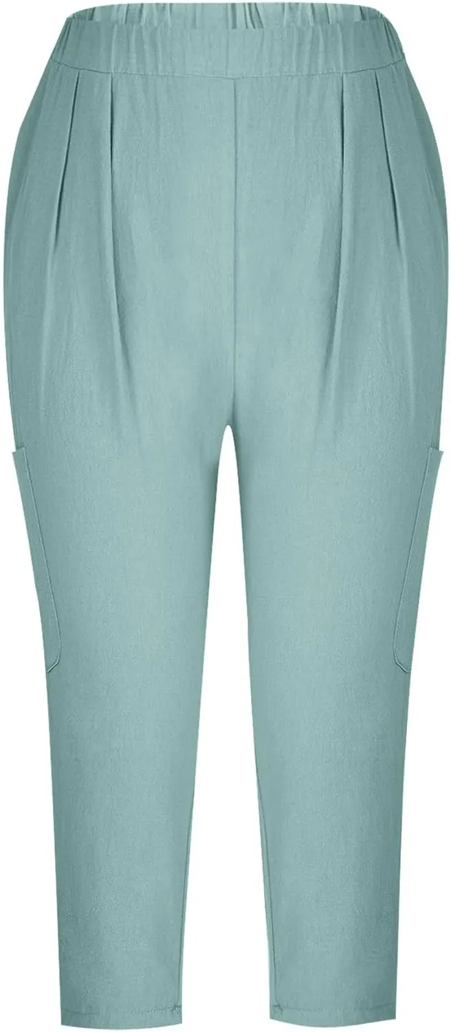 Linen Pants Women Casual 2025 Summer Elastic Waist Pull on Capri Pants Pull on Straight Leg Cropped Pants with Pockets