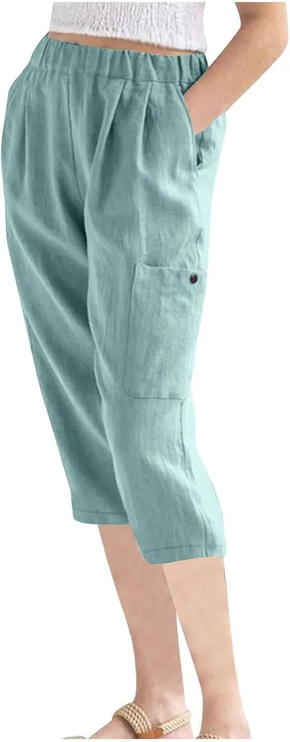 Linen Pants Women Casual 2025 Summer Elastic Waist Pull on Capri Pants Pull on Straight Leg Cropped Pants with Pockets