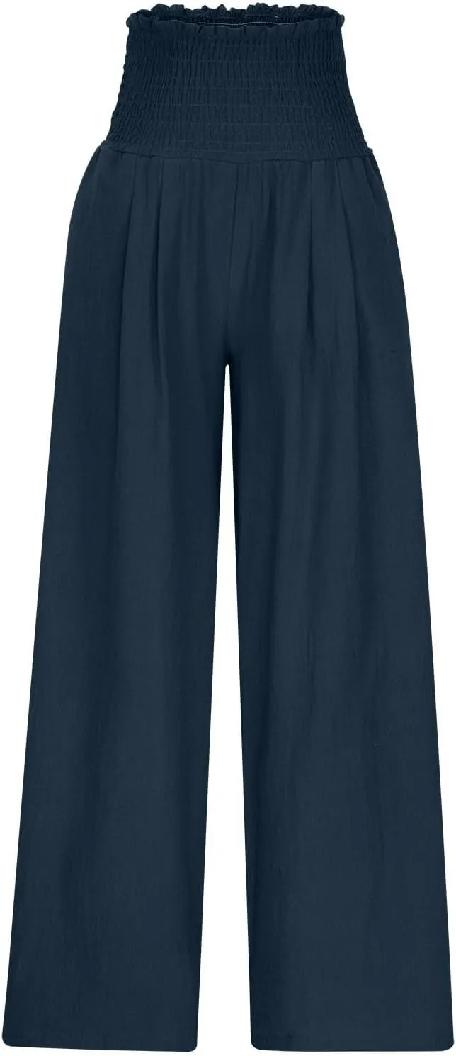 Linen Pants Women Drawstring Waist Wide Leg Linen Pants High Waist Summer Casual Pants Pockets Vacation Beach Trousers