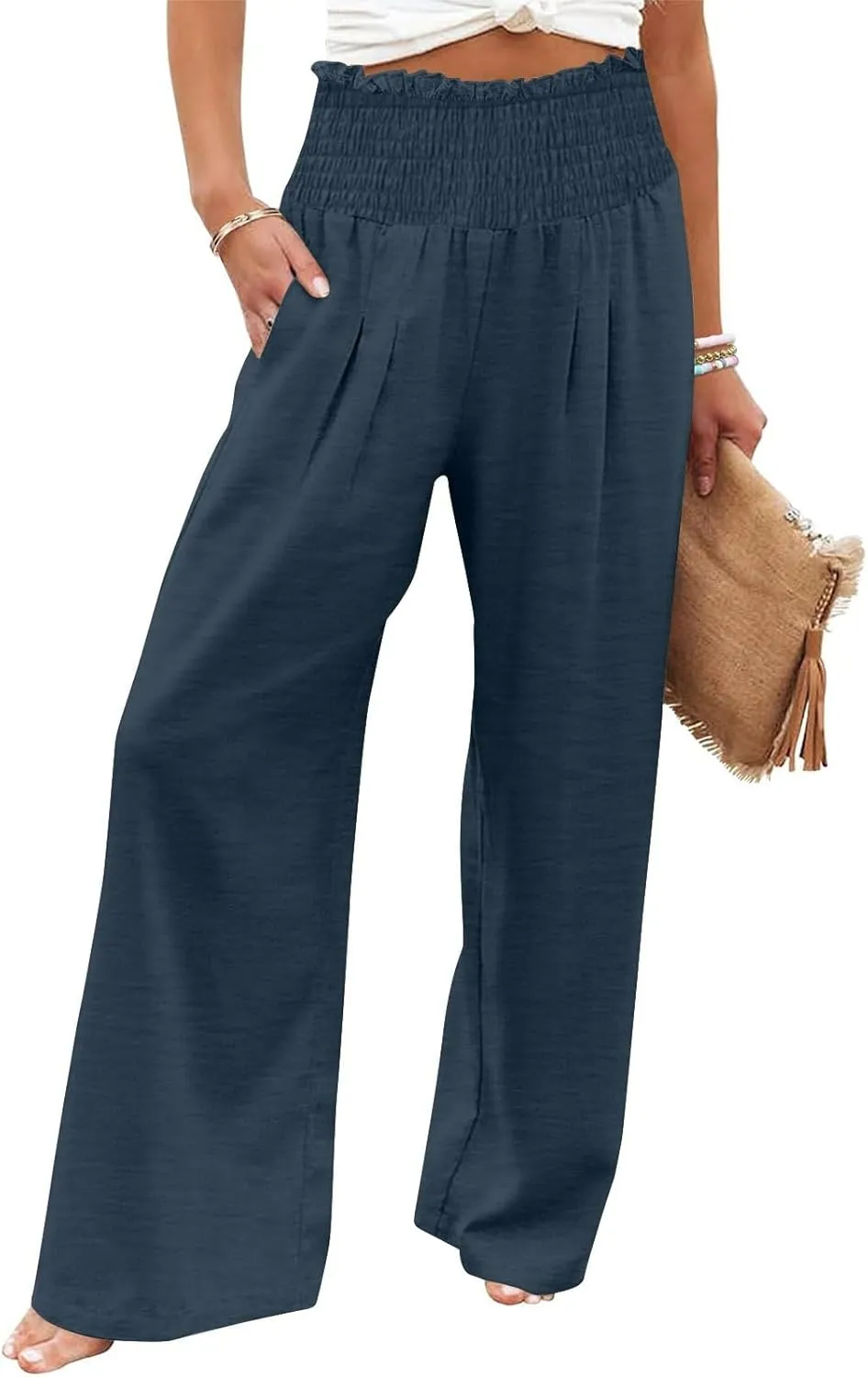 Linen Pants Women Drawstring Waist Wide Leg Linen Pants High Waist Summer Casual Pants Pockets Vacation Beach Trousers