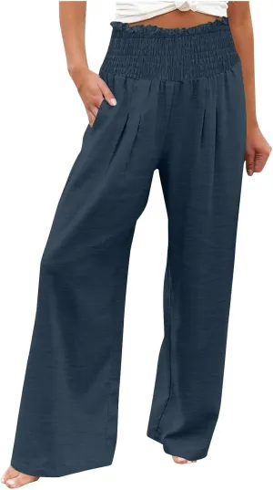 Linen Pants Women Drawstring Waist Wide Leg Linen Pants High Waist Summer Casual Pants Pockets Vacation Beach Trousers