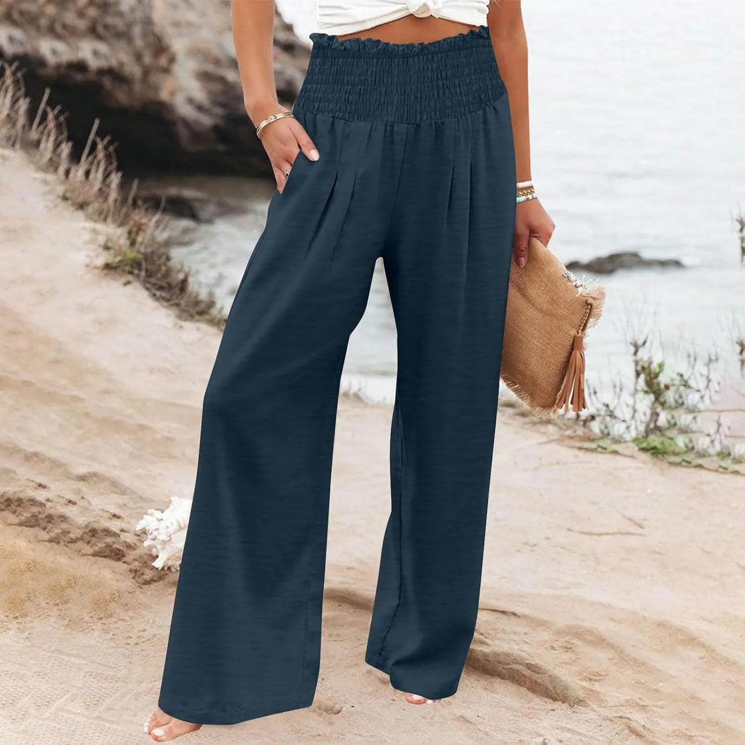 Linen Pants Women Drawstring Waist Wide Leg Linen Pants High Waist Summer Casual Pants Pockets Vacation Beach Trousers