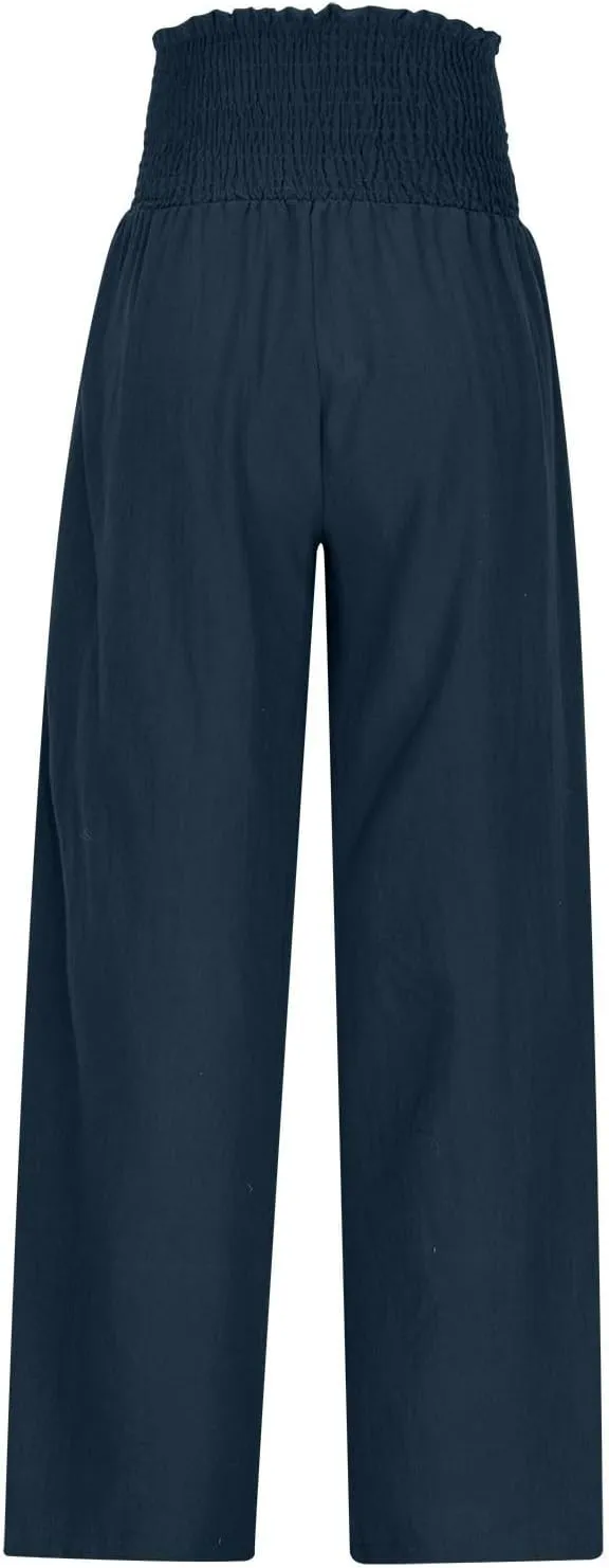 Linen Pants Women Drawstring Waist Wide Leg Linen Pants High Waist Summer Casual Pants Pockets Vacation Beach Trousers