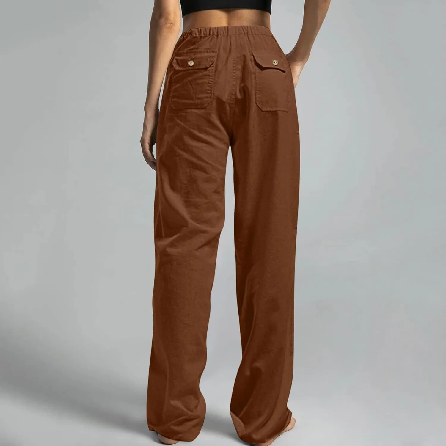 Linen Pants Women Elastic High Waisted Drawstring Wide Leg Trousers Baggy Flowy Palazzo Lounge Pants with Pockets