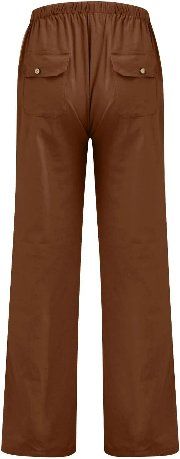 Linen Pants Women Elastic High Waisted Drawstring Wide Leg Trousers Baggy Flowy Palazzo Lounge Pants with Pockets