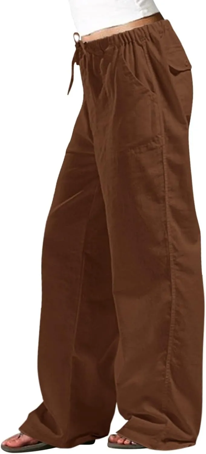 Linen Pants Women Elastic High Waisted Drawstring Wide Leg Trousers Baggy Flowy Palazzo Lounge Pants with Pockets