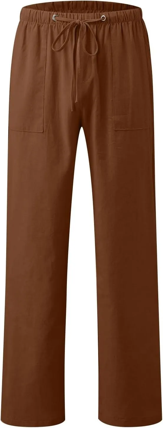 Linen Pants Women Elastic High Waisted Drawstring Wide Leg Trousers Baggy Flowy Palazzo Lounge Pants with Pockets