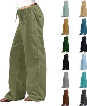 Linen Pants Women Elastic High Waisted Drawstring Wide Leg Trousers Baggy Flowy Palazzo Lounge Pants with Pockets
