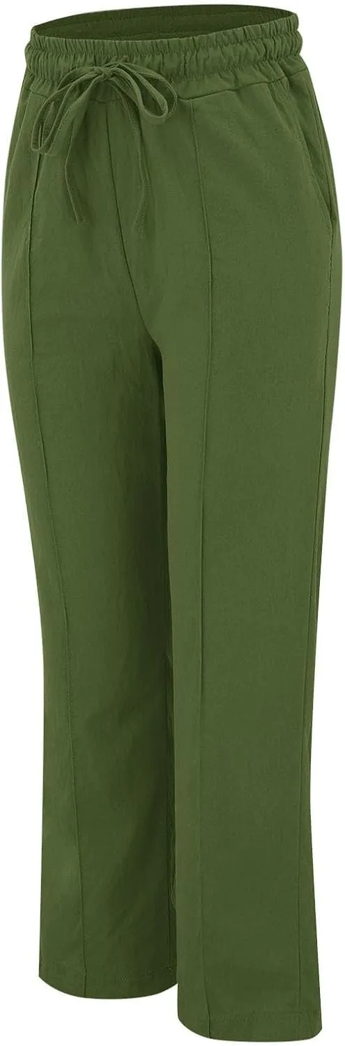 Linen Pants Women Loose Straight Leg Drawstring Summer Pants Casual Baggy Vacation Flowy Sweatpants with Pockets