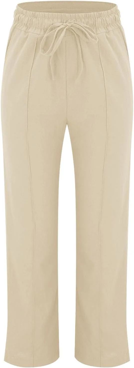 Linen Pants Women Loose Straight Leg Drawstring Summer Pants Casual Baggy Vacation Flowy Sweatpants with Pockets