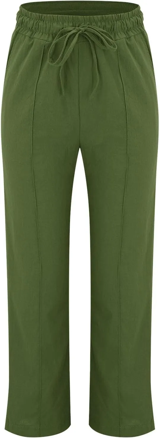 Linen Pants Women Loose Straight Leg Drawstring Summer Pants Casual Baggy Vacation Flowy Sweatpants with Pockets