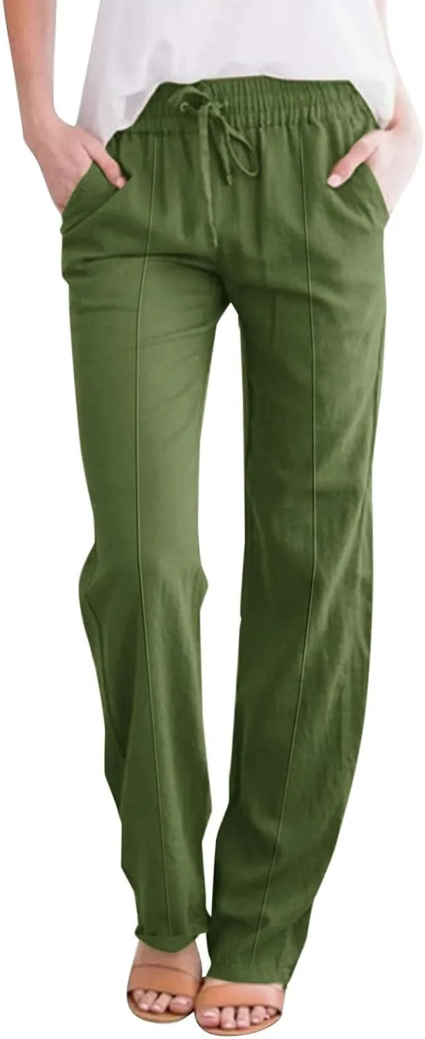 Linen Pants Women Loose Straight Leg Drawstring Summer Pants Casual Baggy Vacation Flowy Sweatpants with Pockets