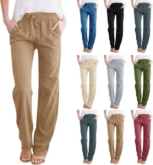 Linen Pants Women Loose Straight Leg Drawstring Summer Pants Casual Baggy Vacation Flowy Sweatpants with Pockets