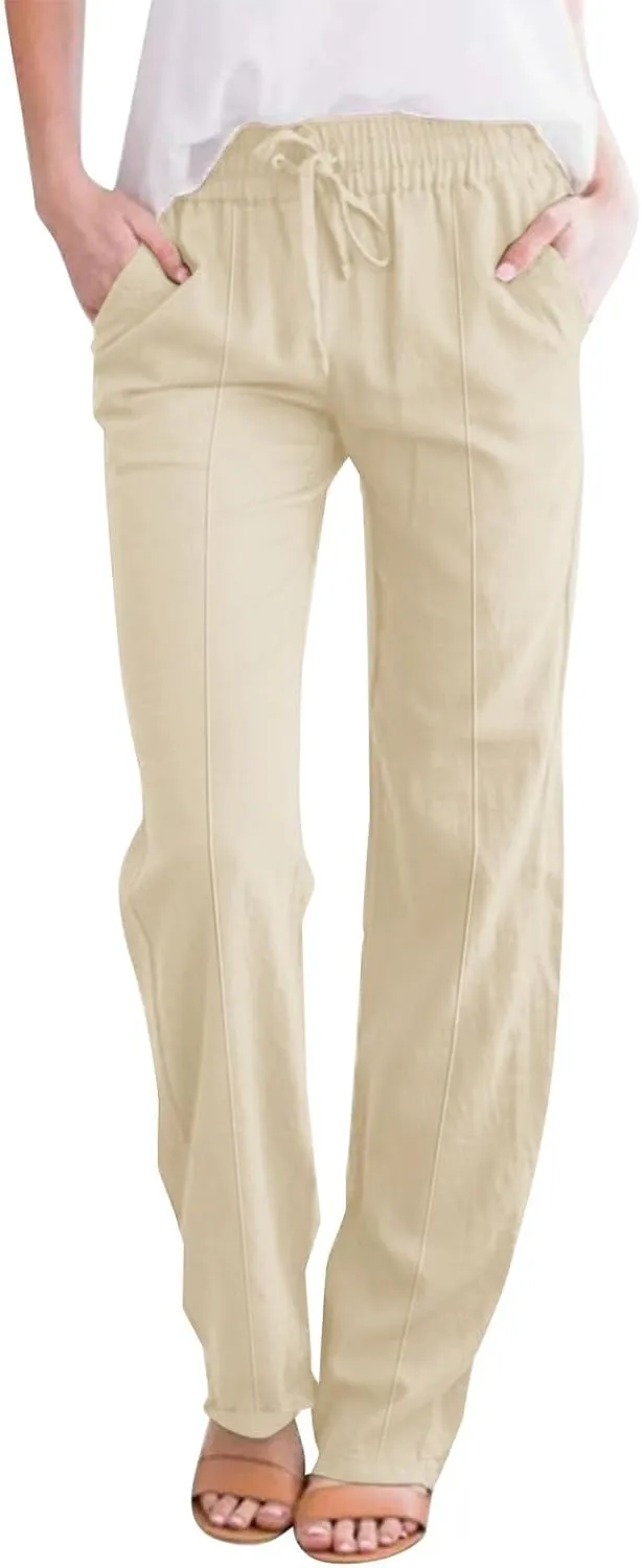 Linen Pants Women Loose Straight Leg Drawstring Summer Pants Casual Baggy Vacation Flowy Sweatpants with Pockets