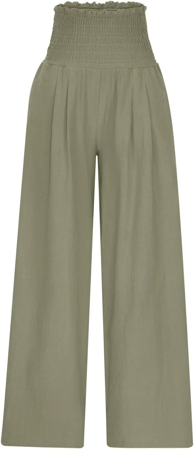 Linen Pants Women Smocked High Waisted Palazzo Pants Ladies Wide Leg Trousers Dressy Casual Summer Beach Outfits