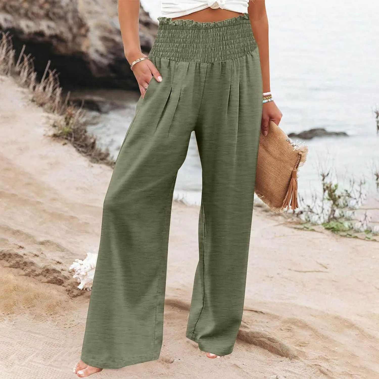Linen Pants Women Smocked High Waisted Palazzo Pants Ladies Wide Leg Trousers Dressy Casual Summer Beach Outfits