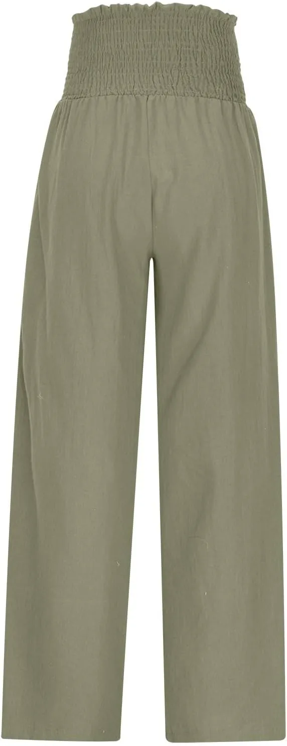 Linen Pants Women Smocked High Waisted Palazzo Pants Ladies Wide Leg Trousers Dressy Casual Summer Beach Outfits