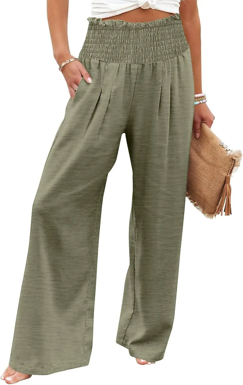 Linen Pants Women Smocked High Waisted Palazzo Pants Ladies Wide Leg Trousers Dressy Casual Summer Beach Outfits