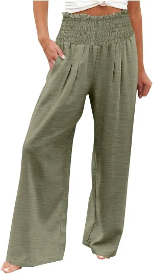 Linen Pants Women Smocked High Waisted Palazzo Pants Ladies Wide Leg Trousers Dressy Casual Summer Beach Outfits
