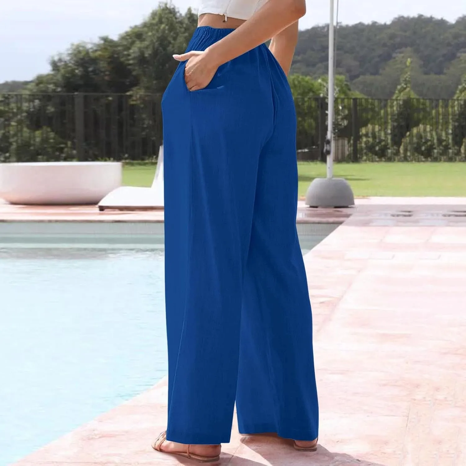 Linen Pants Women Summer Casual Boho Wide Leg Palazzo Pant High Waist Lightweight Flowy Beach Outfits Travel Vacation