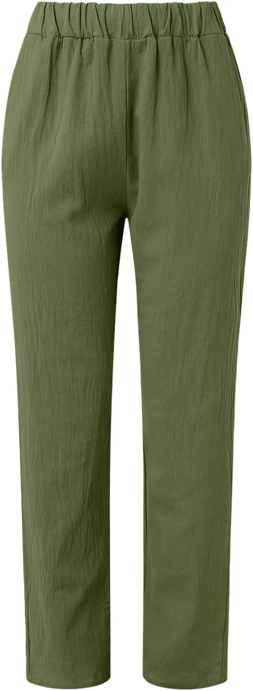 Linen Pants Women Summer Elastic Waist Straight Leg Lounge Pants Solid Color Lightweight Trendy Trousers with Pocket