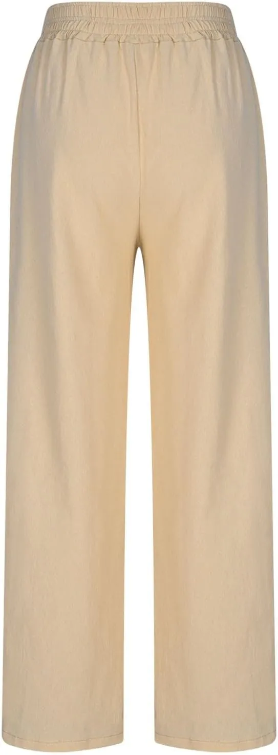 Linen Pants Women Summer Wide Leg Palazzo Pants Casual Elastic Waist Pants Vacation Flowy Linen Trousers with Pockets