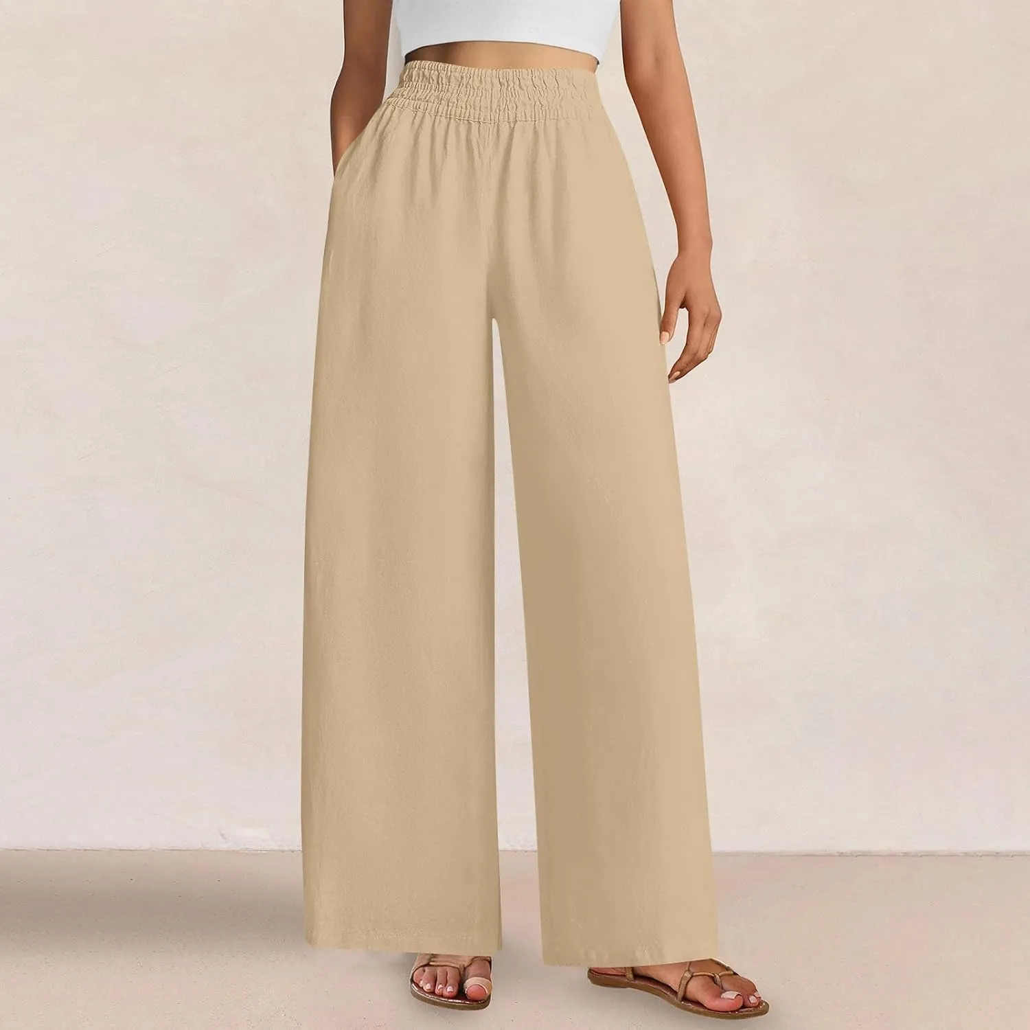 Linen Pants Women Summer Wide Leg Palazzo Pants Casual Elastic Waist Pants Vacation Flowy Linen Trousers with Pockets