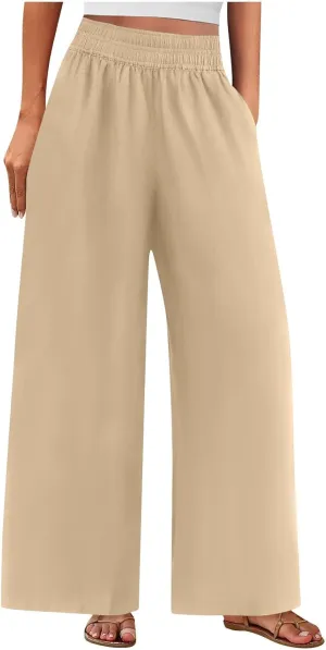 Linen Pants Women Summer Wide Leg Palazzo Pants Casual Elastic Waist Pants Vacation Flowy Linen Trousers with Pockets
