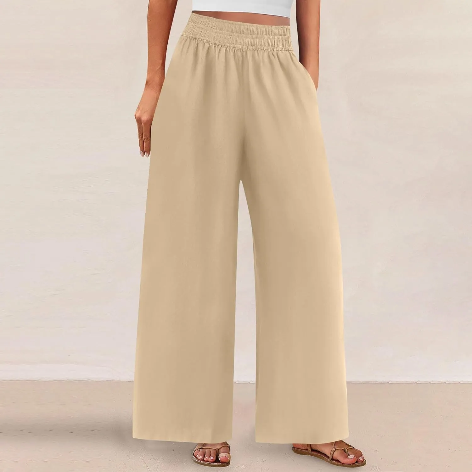 Linen Pants Women Summer Wide Leg Palazzo Pants Casual Elastic Waist Pants Vacation Flowy Linen Trousers with Pockets