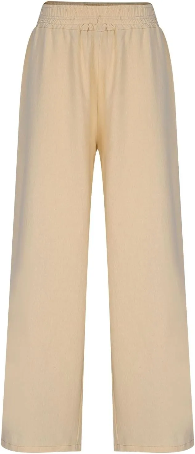 Linen Pants Women Summer Wide Leg Palazzo Pants Casual Elastic Waist Pants Vacation Flowy Linen Trousers with Pockets