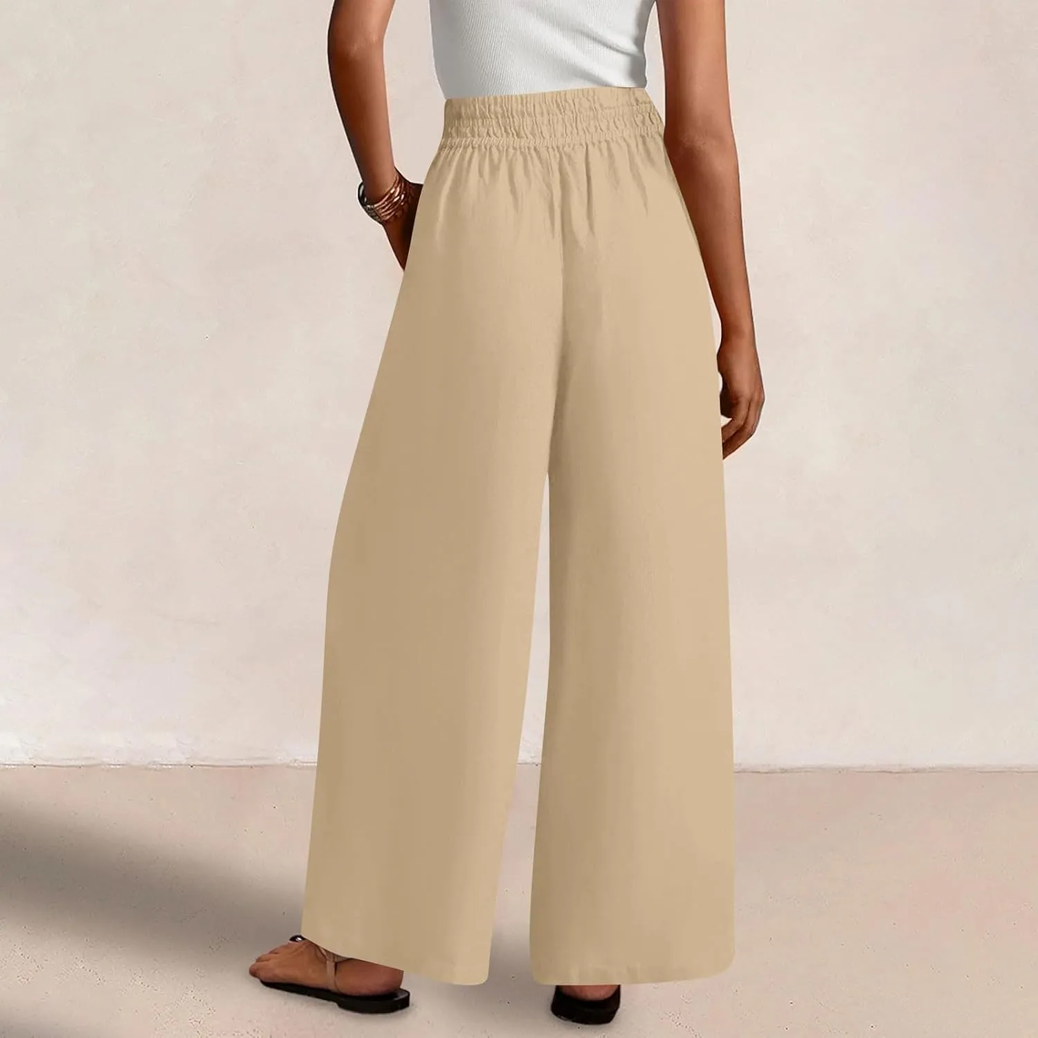 Linen Pants Women Summer Wide Leg Palazzo Pants Casual Elastic Waist Pants Vacation Flowy Linen Trousers with Pockets