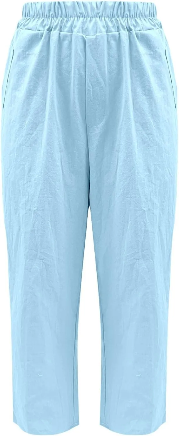 Linen Pants Women Summer Wide Leg Pant Drawstring Elastic Waist Pants High Waisted Lounge Beach Trousers with Pocket