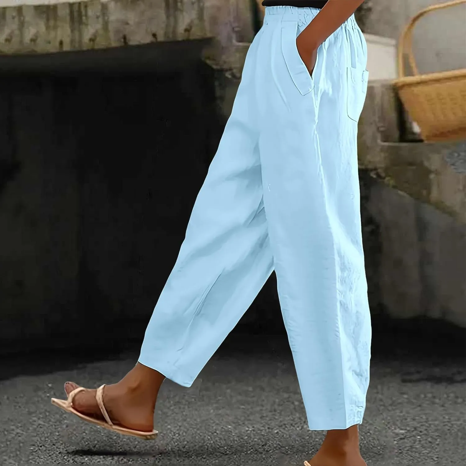 Linen Pants Women Summer Wide Leg Pant Drawstring Elastic Waist Pants High Waisted Lounge Beach Trousers with Pocket