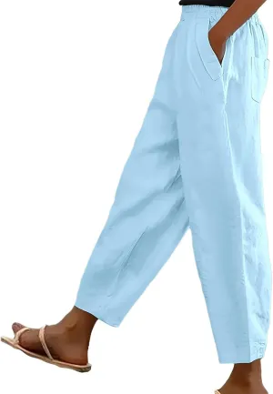 Linen Pants Women Summer Wide Leg Pant Drawstring Elastic Waist Pants High Waisted Lounge Beach Trousers with Pocket