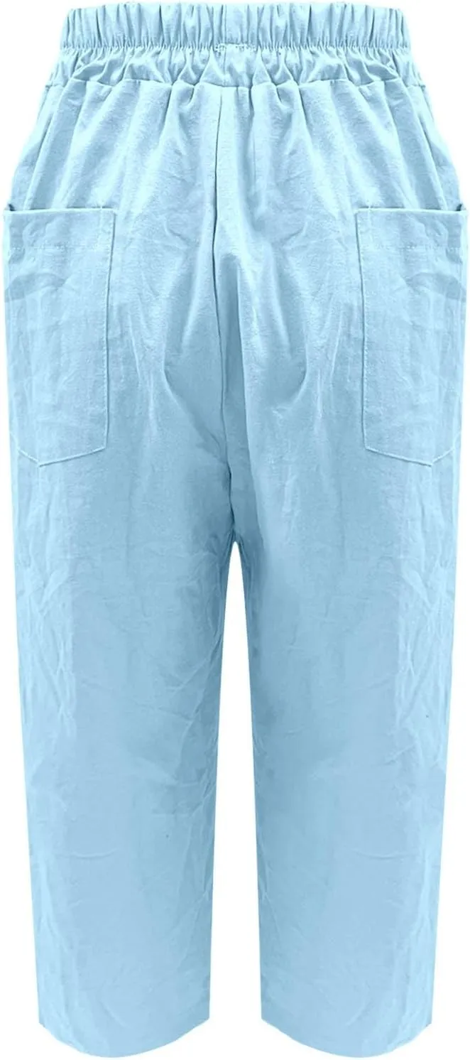 Linen Pants Women Summer Wide Leg Pant Drawstring Elastic Waist Pants High Waisted Lounge Beach Trousers with Pocket