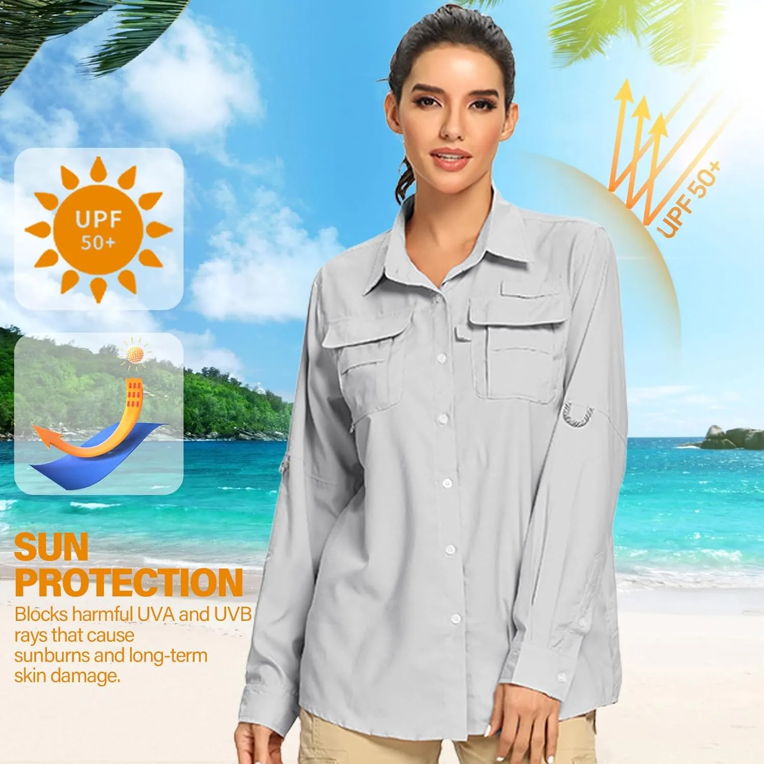 linlon Womens Safari Shirts Long Sleeve UV Protection Hiking Fishing UPF 50  Quick Dry Cooling Camping Travel Shirts