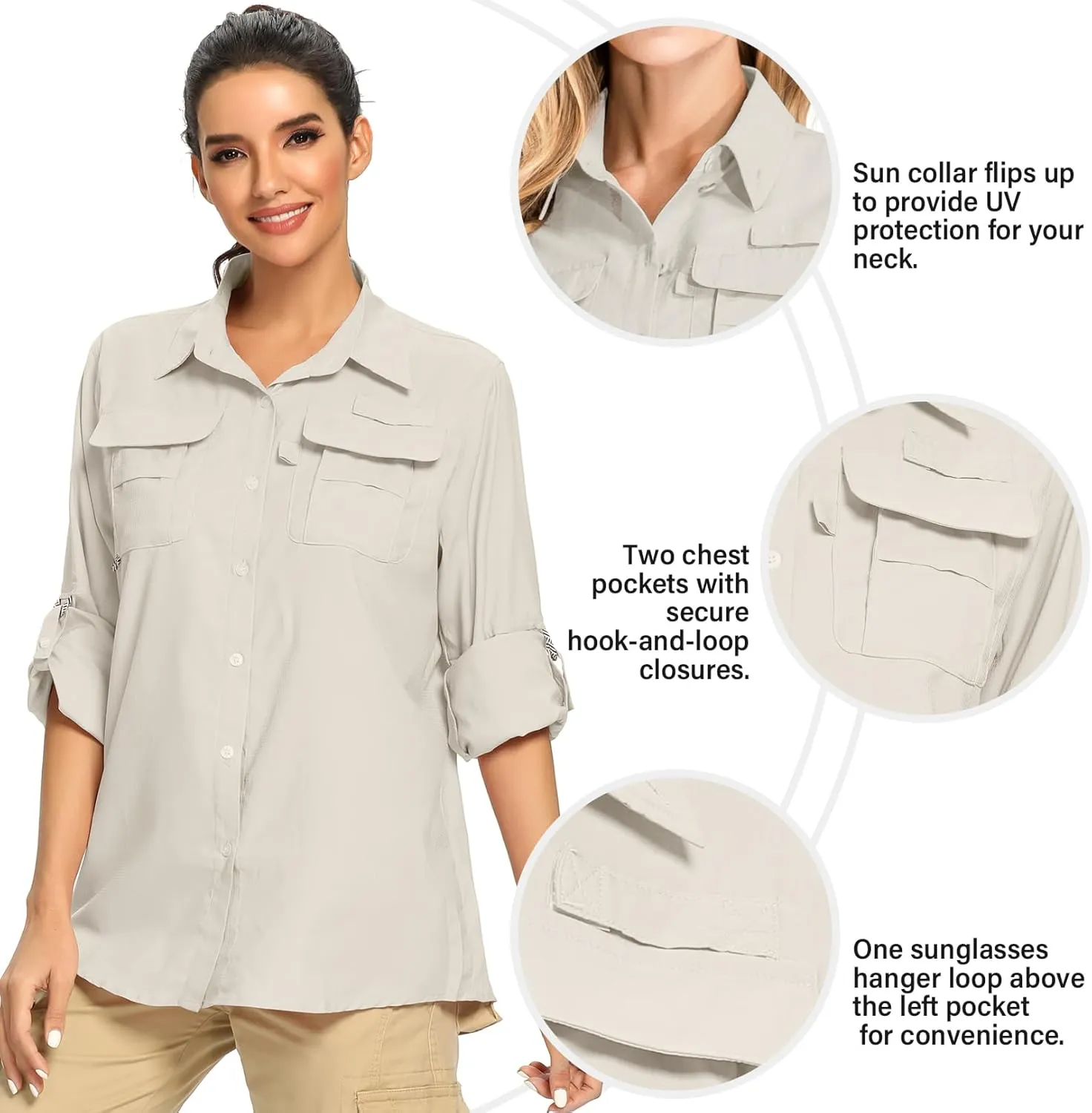 linlon Womens Safari Shirts Long Sleeve UV Protection Hiking Fishing UPF 50  Quick Dry Cooling Camping Travel Shirts