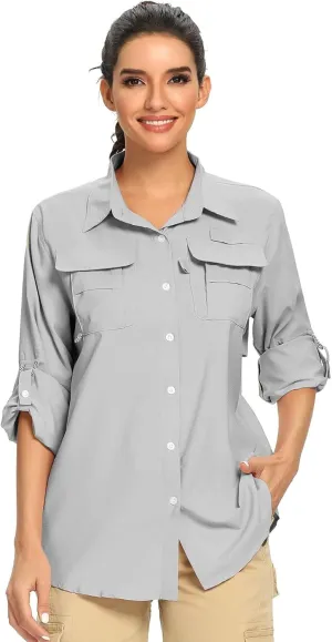 linlon Womens Safari Shirts Long Sleeve UV Protection Hiking Fishing UPF 50  Quick Dry Cooling Camping Travel Shirts