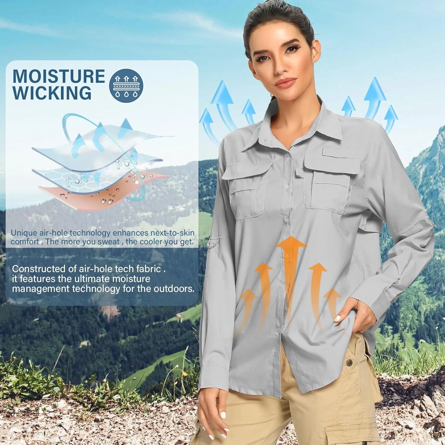 linlon Womens Safari Shirts Long Sleeve UV Protection Hiking Fishing UPF 50  Quick Dry Cooling Camping Travel Shirts