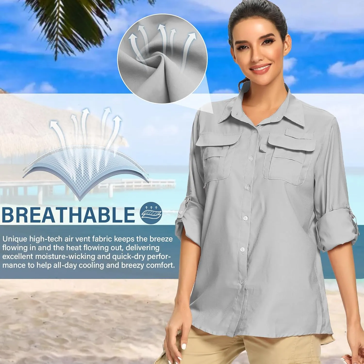 linlon Womens Safari Shirts Long Sleeve UV Protection Hiking Fishing UPF 50  Quick Dry Cooling Camping Travel Shirts
