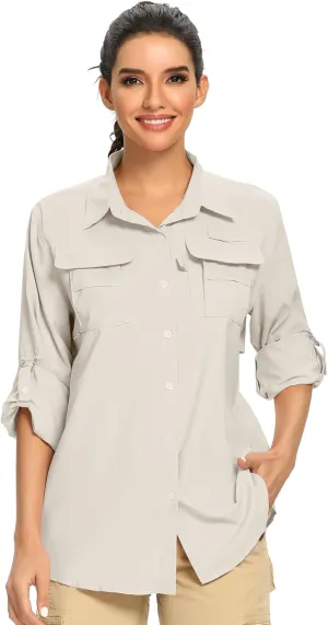 linlon Womens Safari Shirts Long Sleeve UV Protection Hiking Fishing UPF 50  Quick Dry Cooling Camping Travel Shirts
