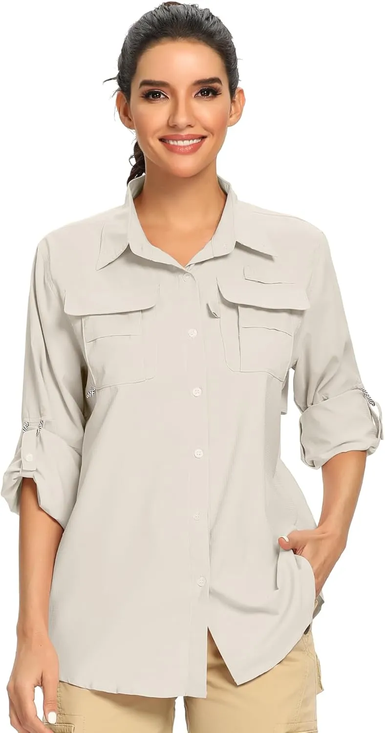 linlon Womens Safari Shirts Long Sleeve UV Protection Hiking Fishing UPF 50  Quick Dry Cooling Camping Travel Shirts