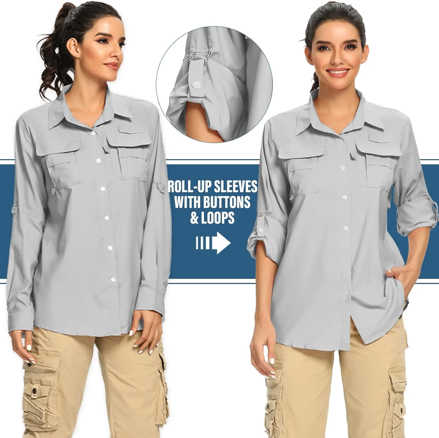 linlon Womens Safari Shirts Long Sleeve UV Protection Hiking Fishing UPF 50  Quick Dry Cooling Camping Travel Shirts