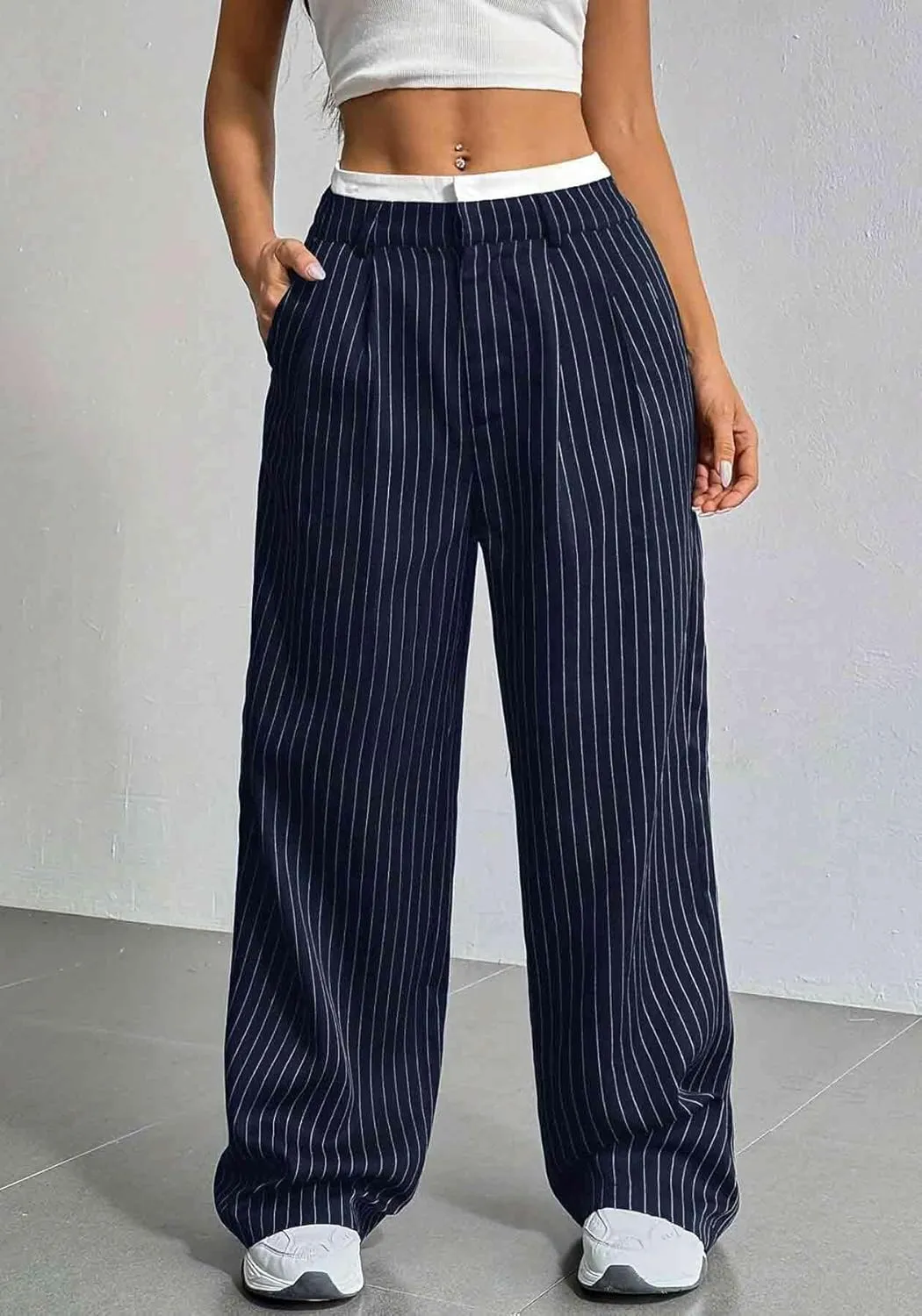 LKOUS Dress Pants Women High Waist,Casual Work Wide Leg Pant Striped Straight Trousers with Pockets