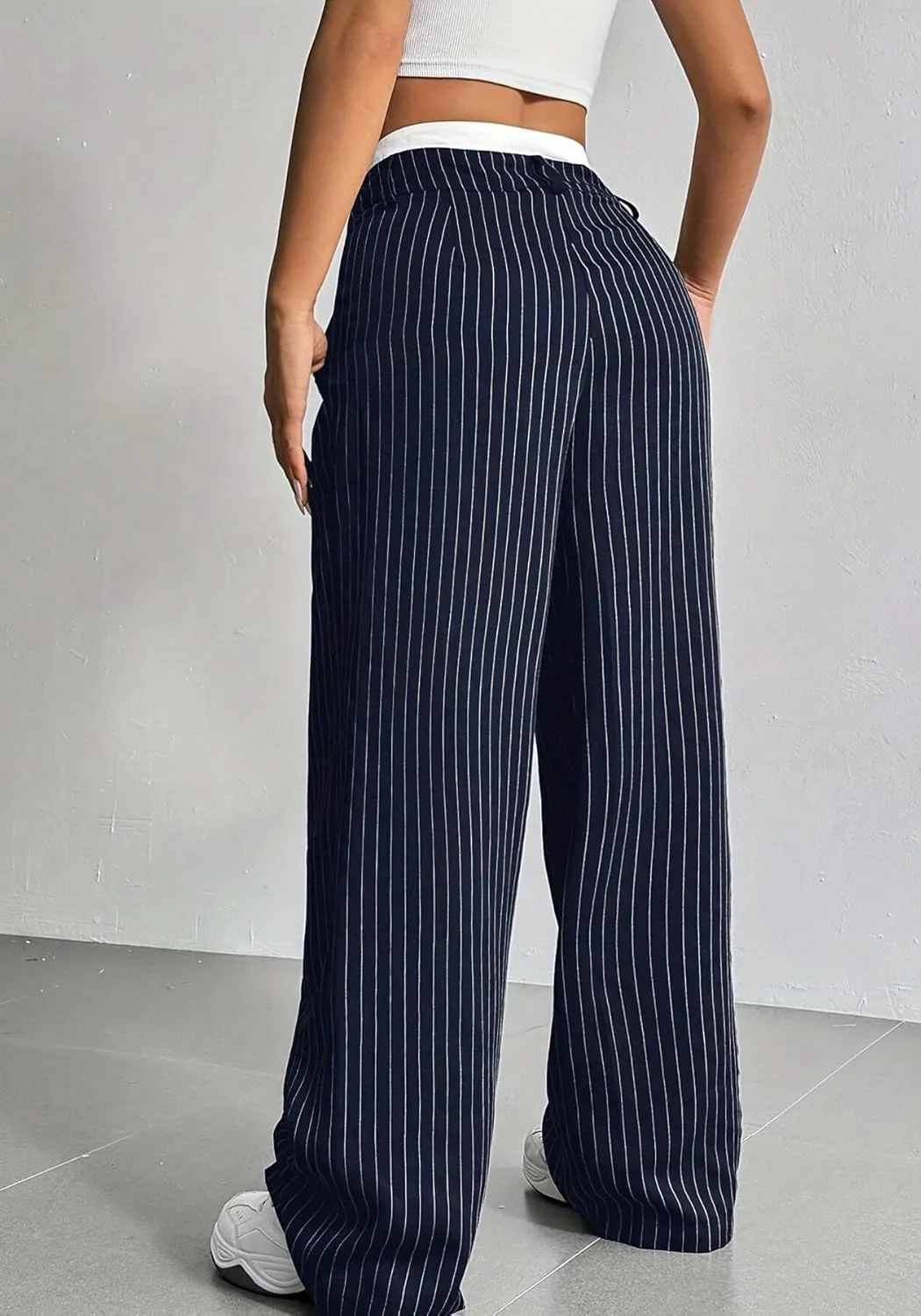 LKOUS Dress Pants Women High Waist,Casual Work Wide Leg Pant Striped Straight Trousers with Pockets
